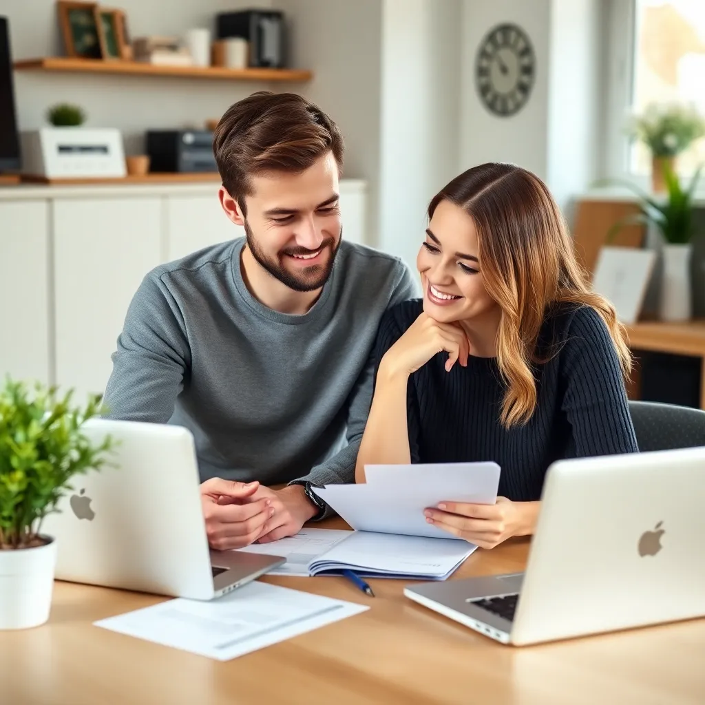 Jong koppel dat samen een beleggingsapp bekijkt op tablet