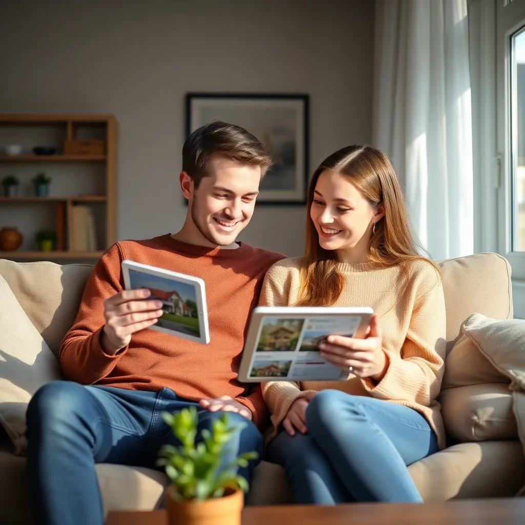 Jong stel bekijkt samen woningadvertenties op tablet