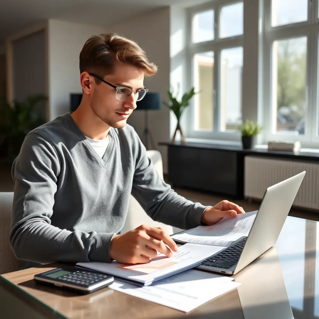 Jonge professional die pensioenopbouw plant op laptop