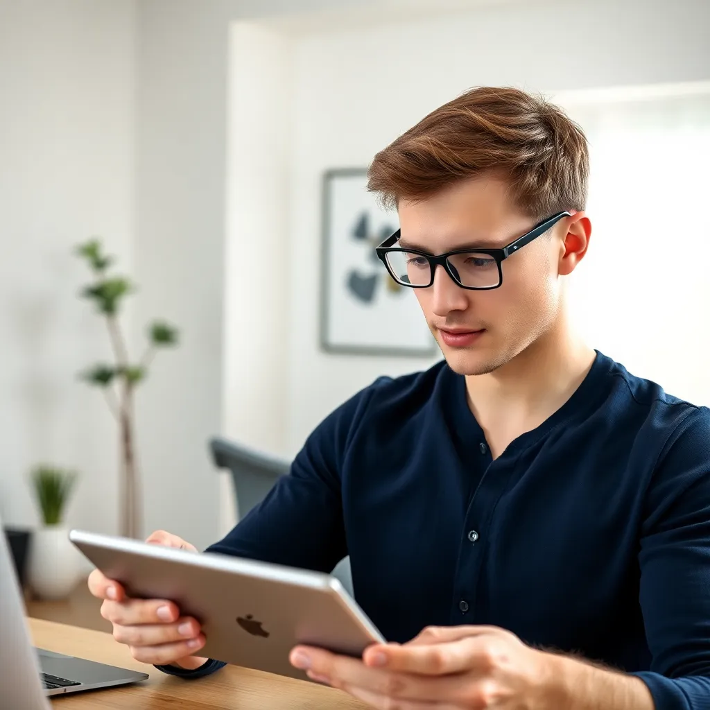 Jonge man onderzoekt beleggingsopties op tablet