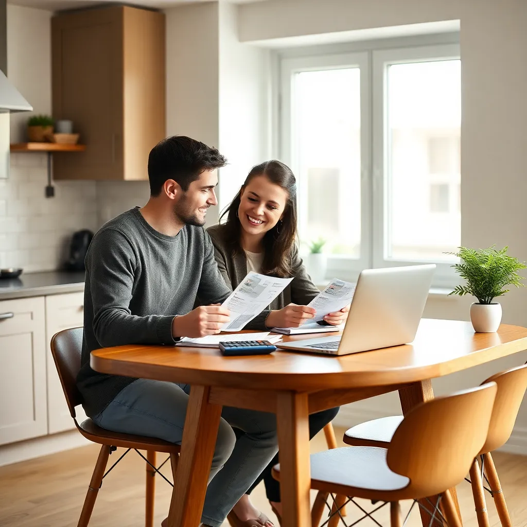 Jong stel bespreekt hun financiën aan keukentafel met laptop en rekeningen