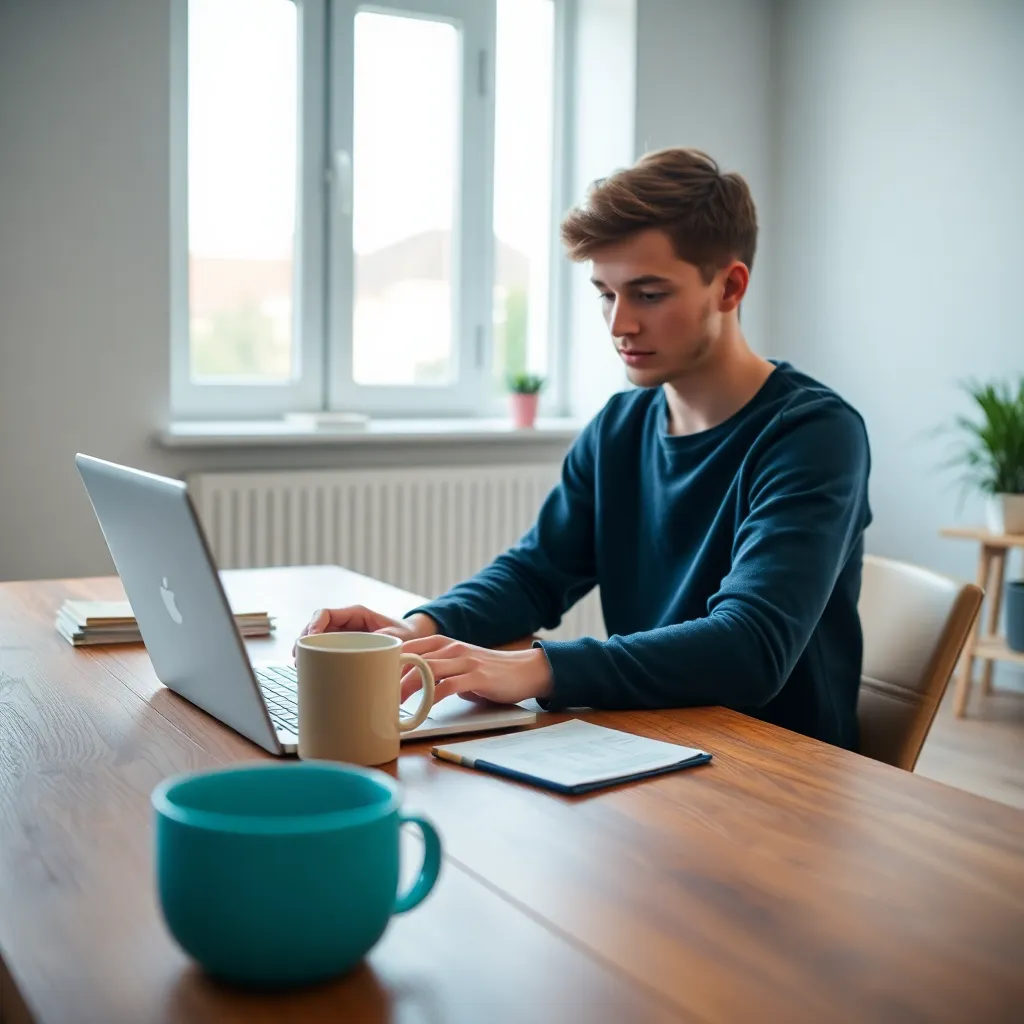Persoon die budgettering doet op laptop met koffie erbij